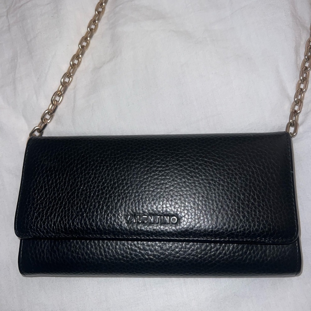 Valentino Black Leather Clutch with Gold Chain